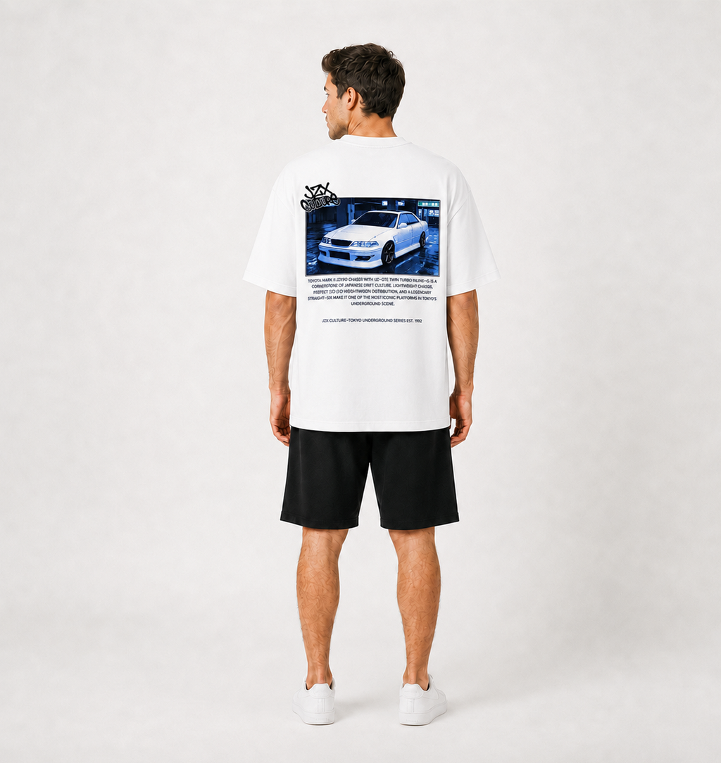 Camiseta Touge Mark II JZX branca, foto no modelo