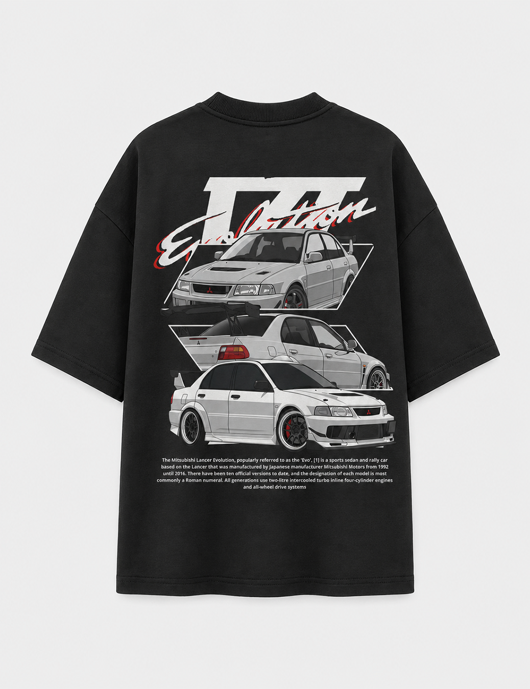 Camiseta Touge Lancer Evo VII preta, estampa costas