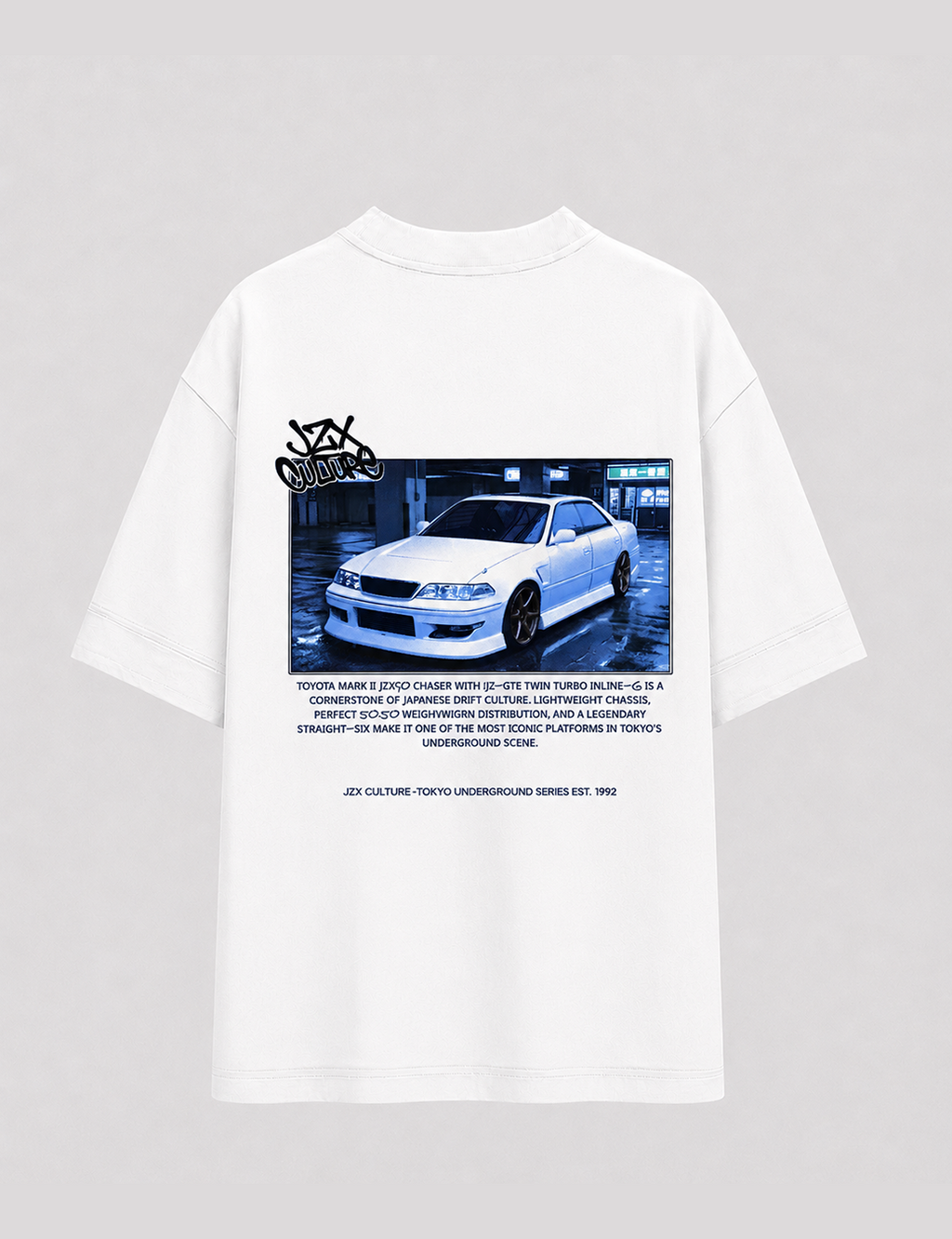Camiseta Touge Mark II JZX branca, estampa nas costas