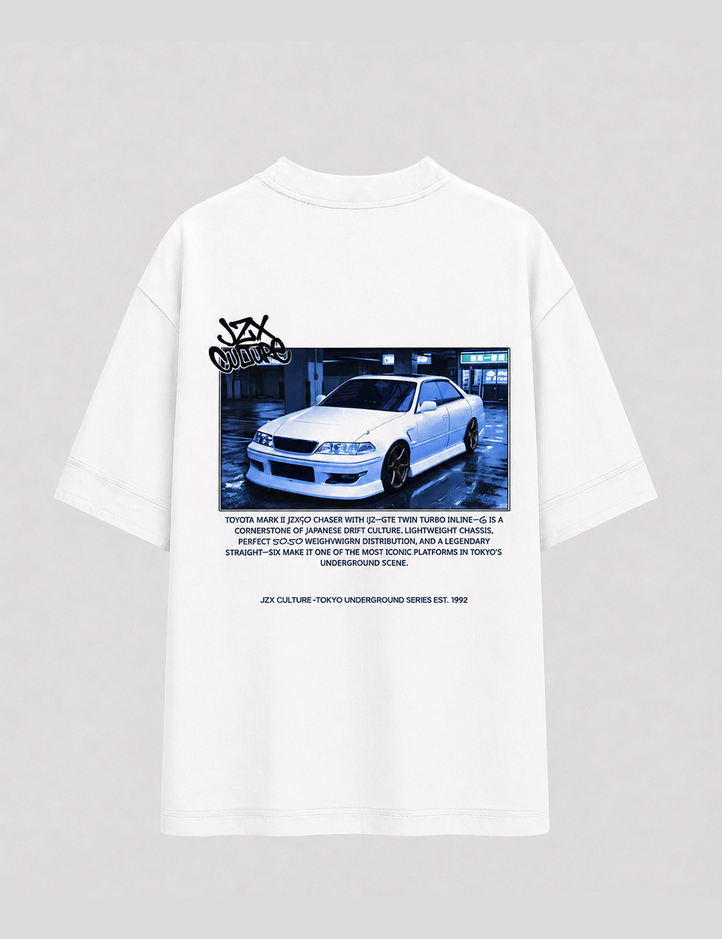 Camiseta Touge Mark II JZX branca, estampa nas costas