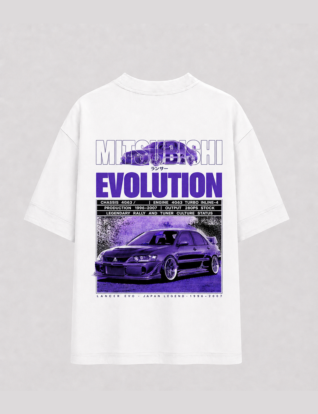 Camiseta Touge Mitsubishi Evolution branca, estampa nas costas