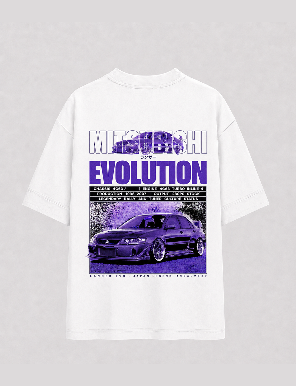 Camiseta Touge Mitsubishi Evolution branca, estampa nas costas