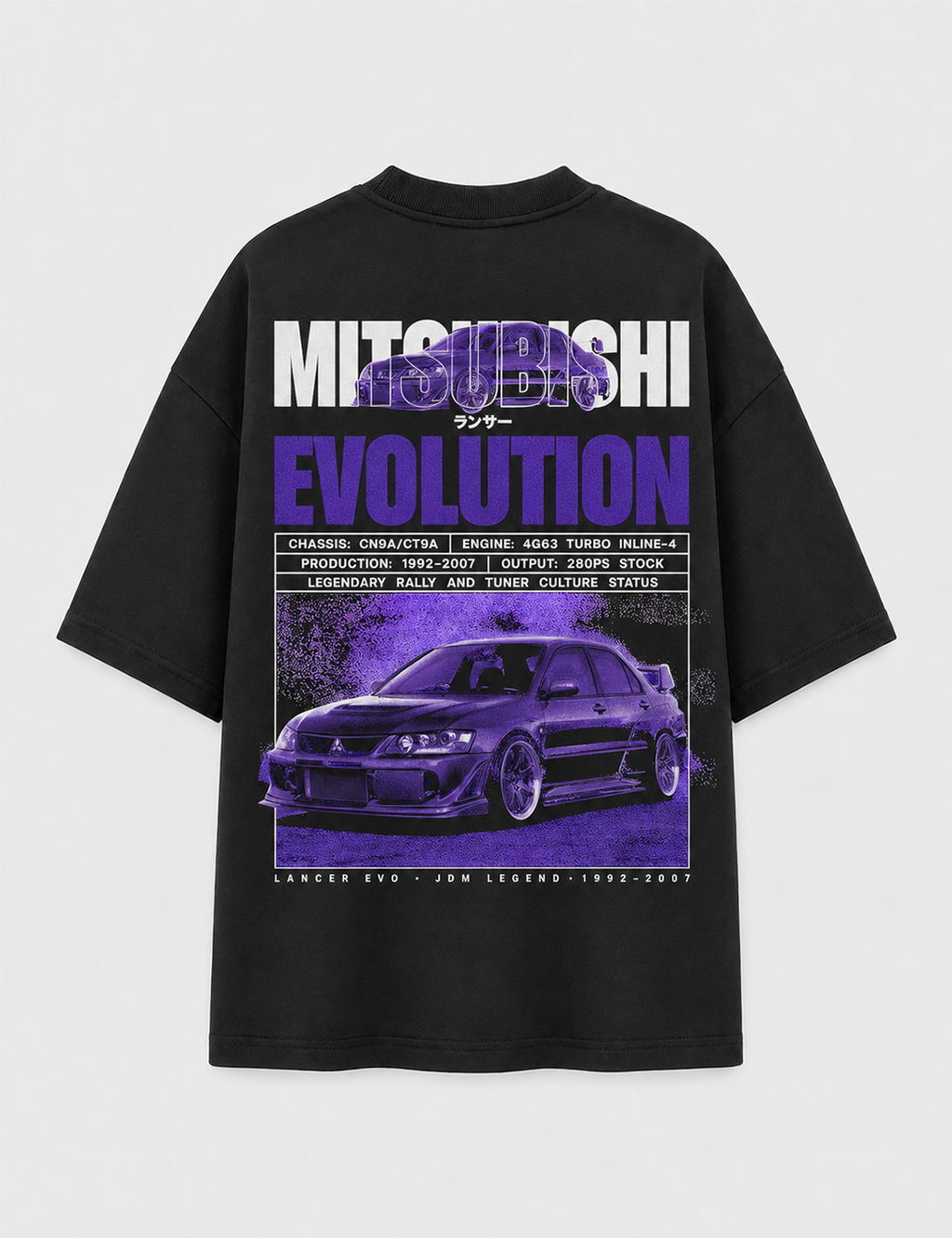 Camiseta Touge Mitsubishi Evolution preta, estampa nas costas