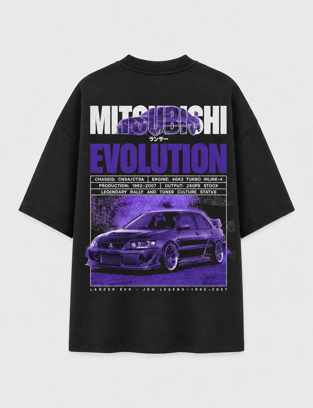 Camiseta Touge Mitsubishi Evolution preta, estampa nas costas