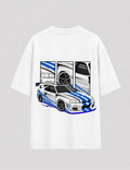 Camiseta Touge Nissan Skyline R34 branca, estampa nas costas