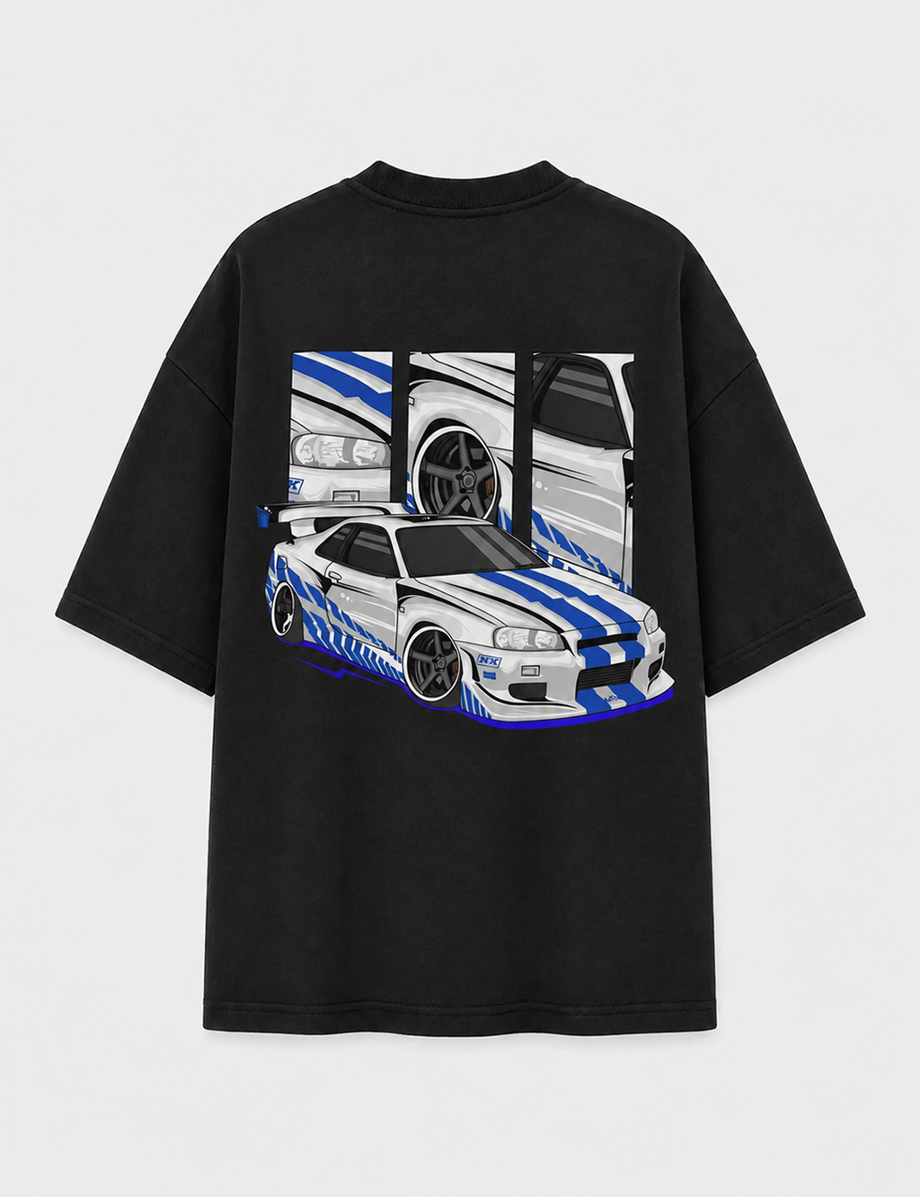 Camiseta Touge Nissan Skyline R34 preta, estampa nas costas