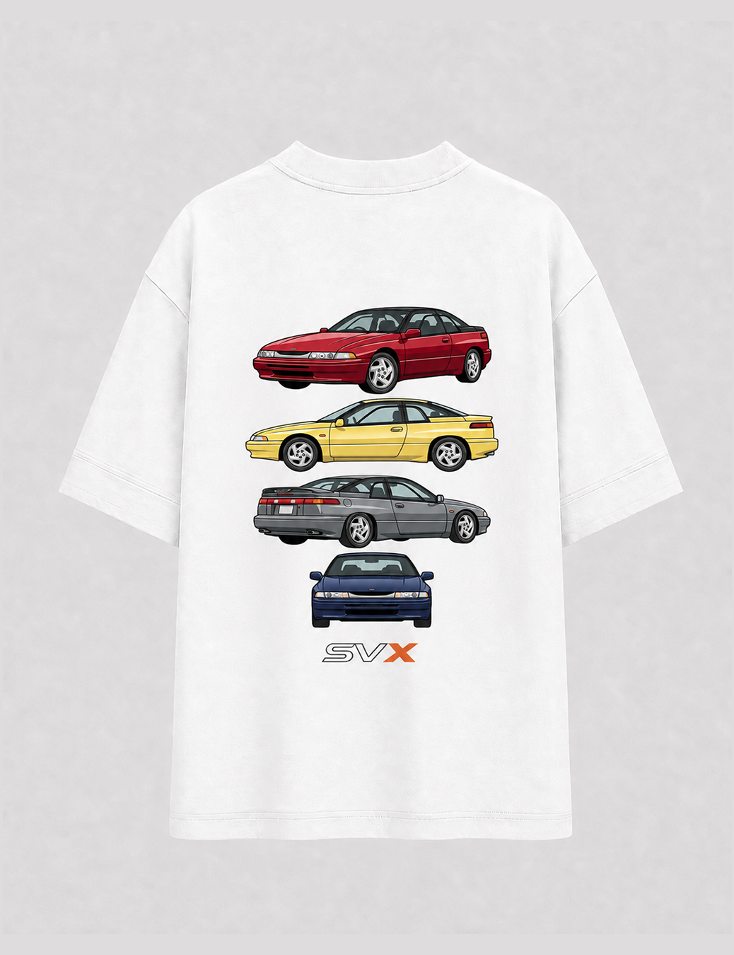 Camiseta Touge Subaru SVX branca, estampa nas costas