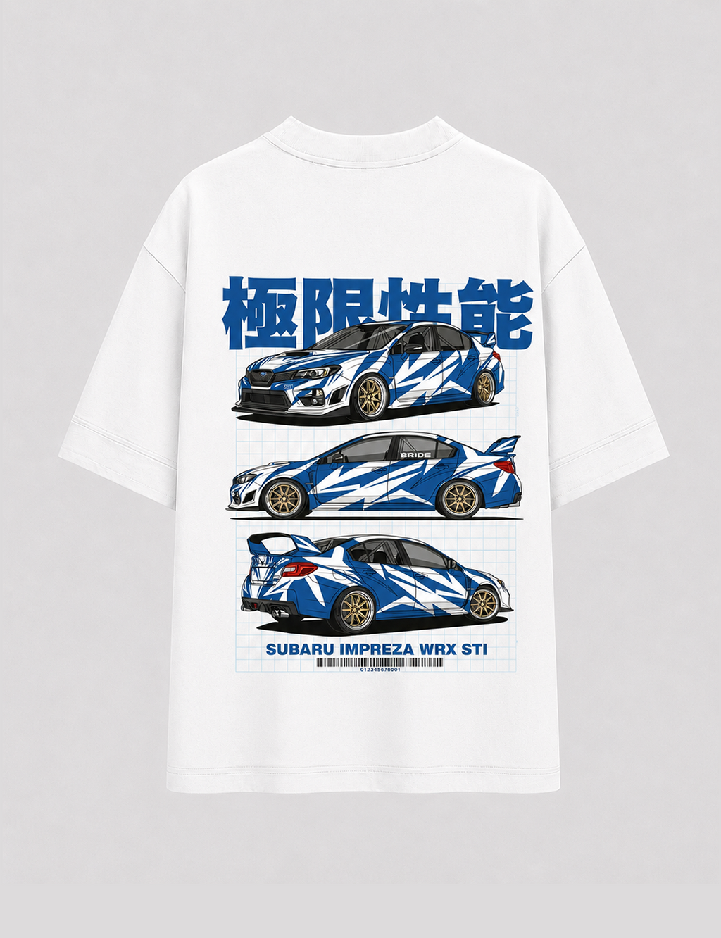 Camiseta Touge Subaru WRX STI branca, estampa nas costas