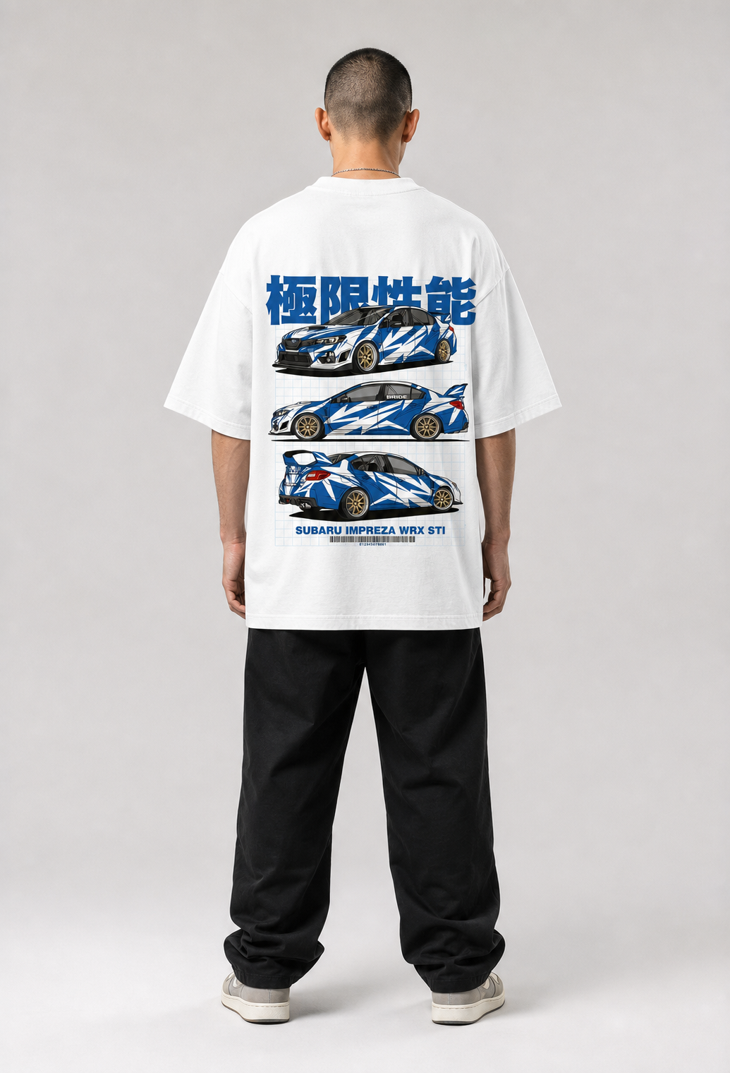 Camiseta Touge Subaru WRX STI branca, foto no modelo