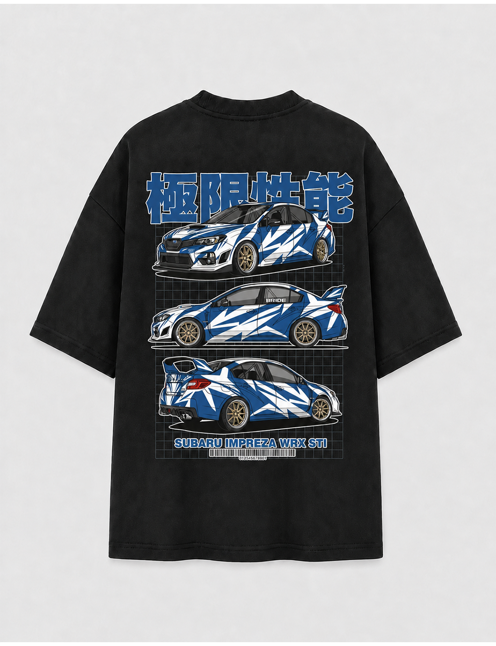 Camiseta Touge Subaru WRX STI preta, estampa nas costas