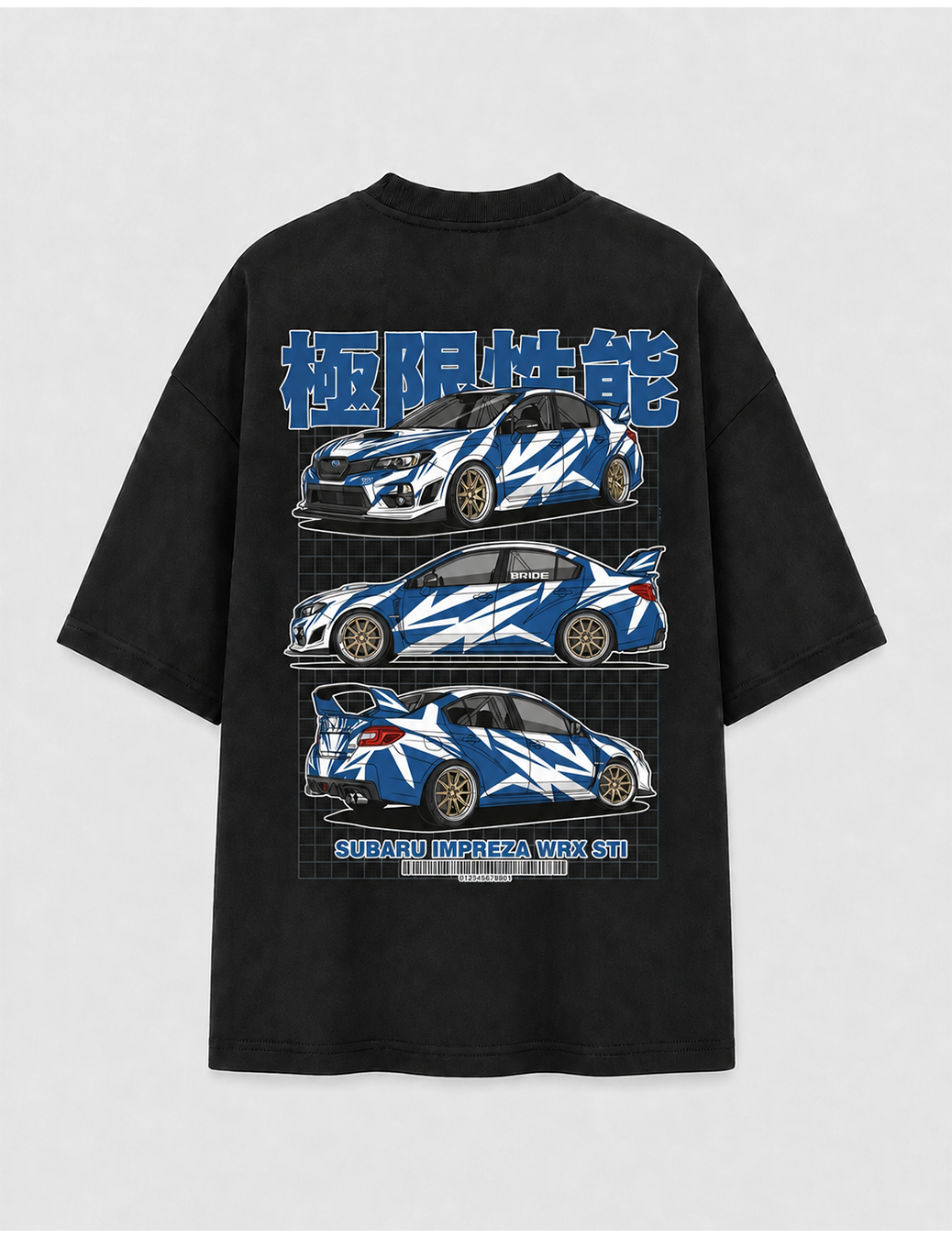 Camiseta Touge Subaru WRX STI preta, estampa nas costas