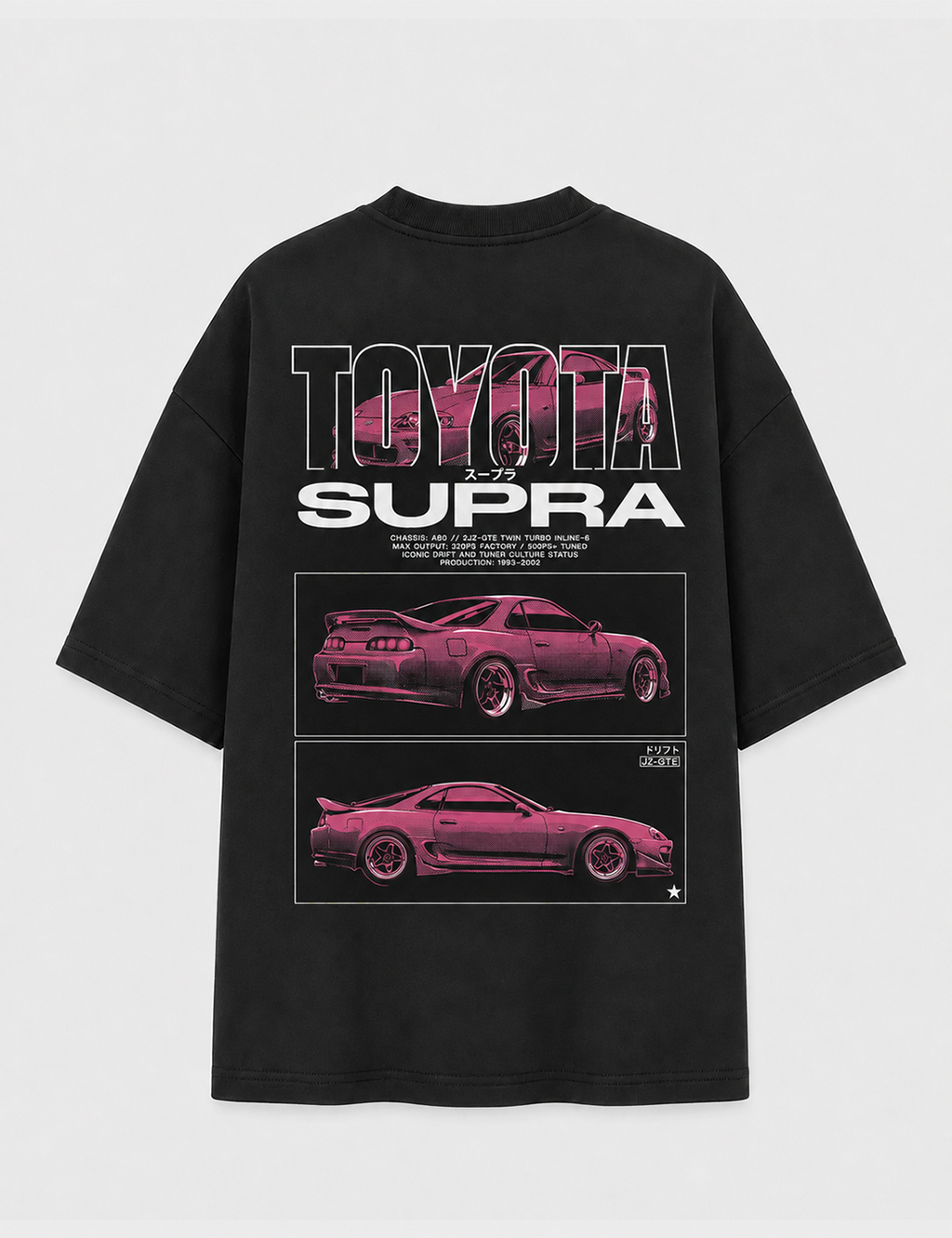 Camiseta Touge Toyota Supra A80 preta, estampa costas