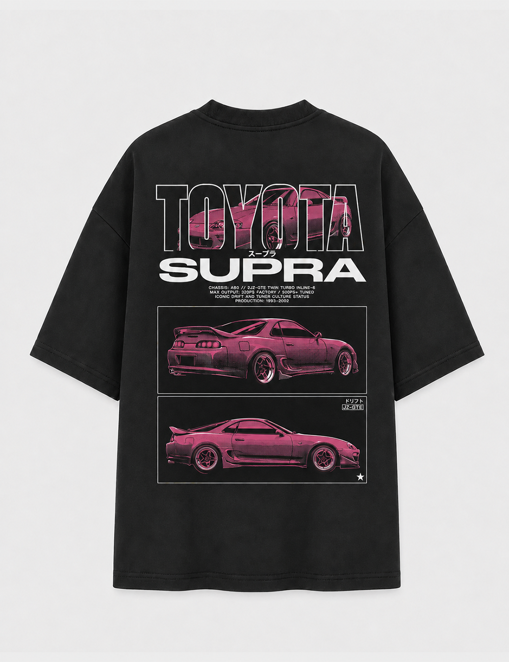 Camiseta Touge Toyota Supra A80 preta, estampa costas