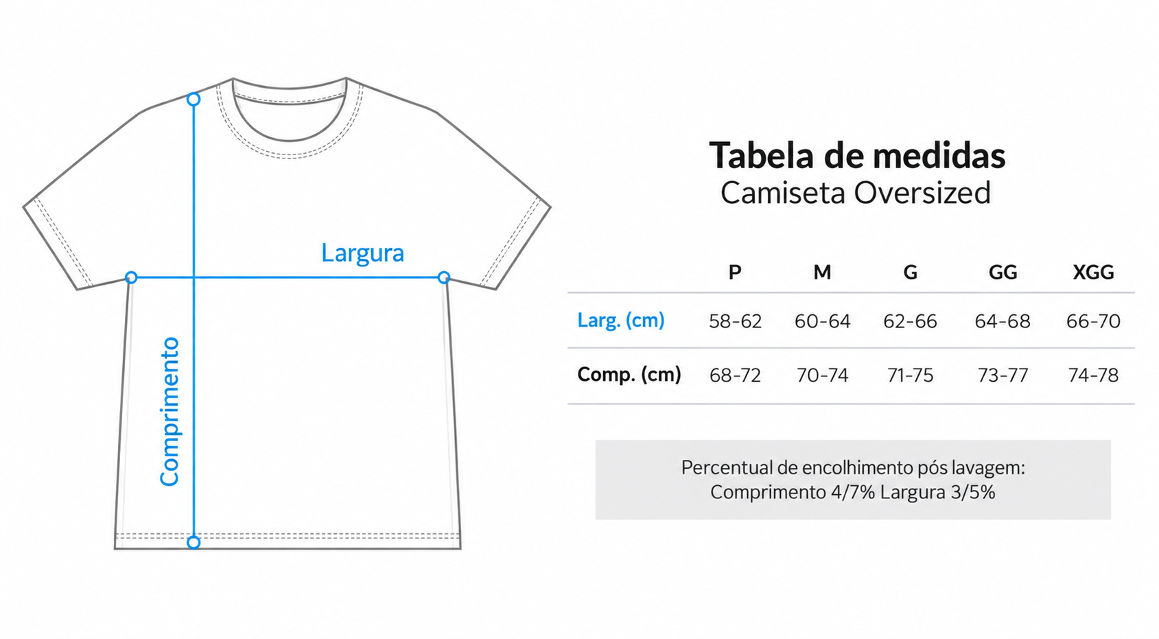 Tabela de medidas Camiseta Oversized